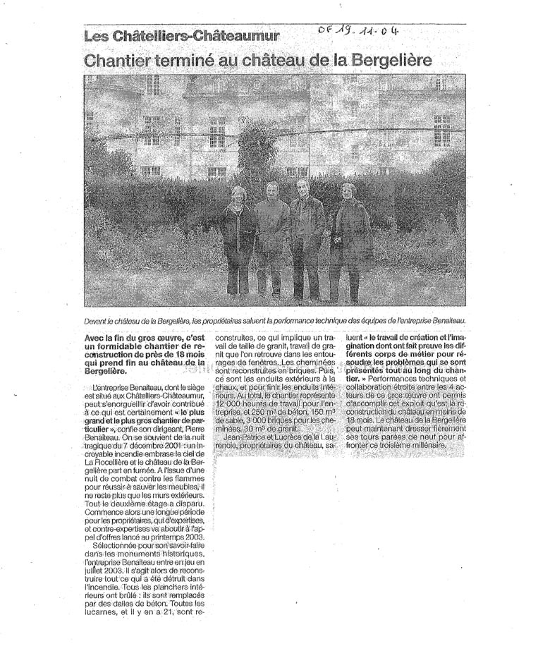 Article de journal, Château de la Bergelière, chantier terminé